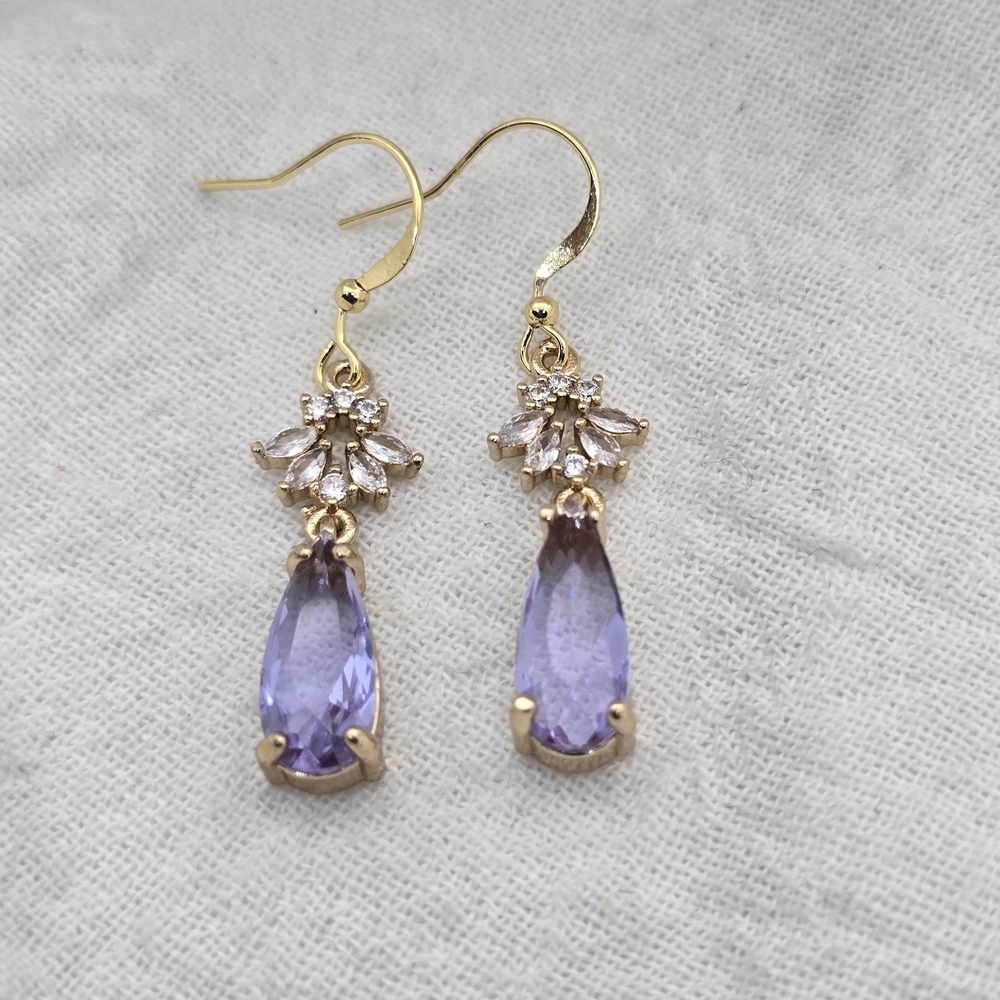 Gold Drop Earrings with Lavender Teardrop Crystals